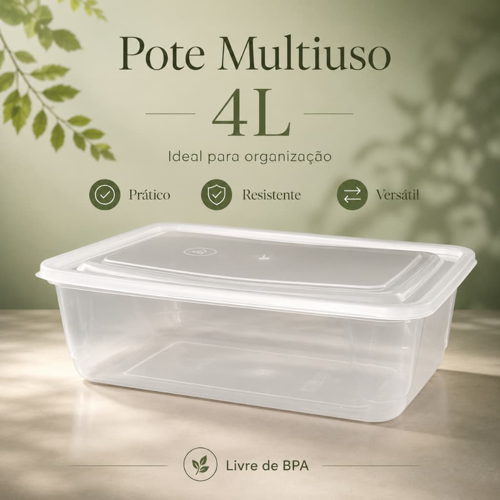 Potes 4L com Tampa Transparente Multiuso Armazenamento de Alimentos Geladeira Freezer BPA Free