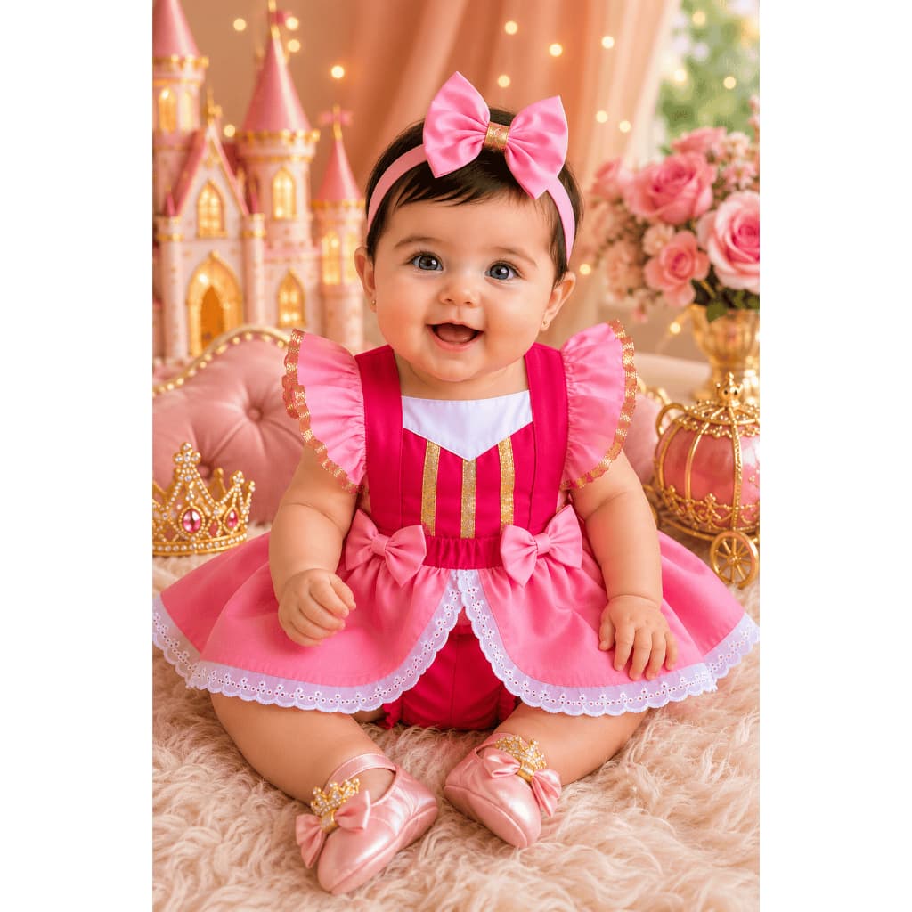 Jardineira Romper Salopete Body Fantasia Mesversario Princesas Disney Aurora Bela Adormecida