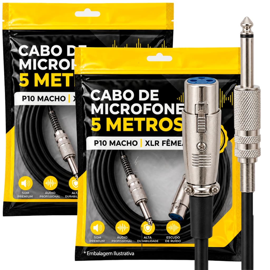 Kit 2 Cabos De Microfone P10 Mono Para Xlr Canon Fêmea 5 Metros Profissional Para Mesa Som Caixa Amplificada Microfone