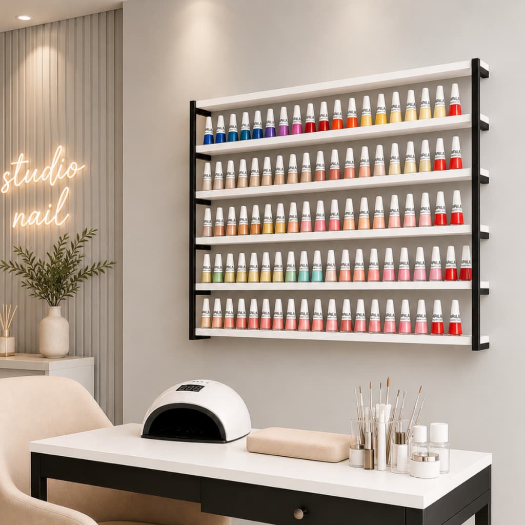 Nicho Suporte Expositor Esmaltes Várias Cores Para Salão Beleza Studio Nail Estilo Industrial Mdf