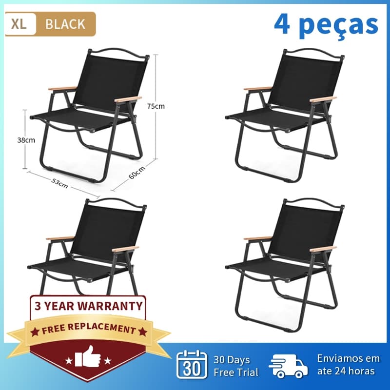 Kit 4 Cadeiras Dobráveis Outdoor XL Pretas Portáteis com Apoio de Braço Tecido Oxford para Camping Praia Jardim Piqueniq
