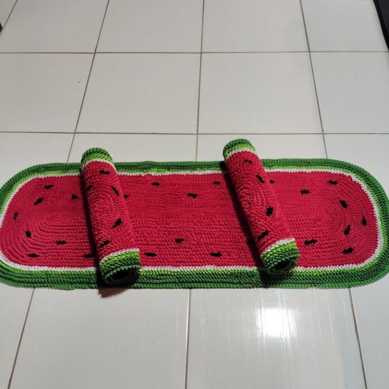 Jogo de Cozinha Melancia Vermelha 3 peças Cozinha, Sala , Quarto Decorativo Tapetes de FruFru com Antiderrapante