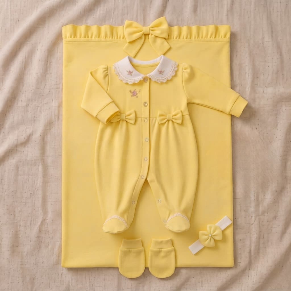 Saída de Maternidade Bebê Menina Luxo Amarela 04 Peças Delicada Bordado Flores Malha Premium