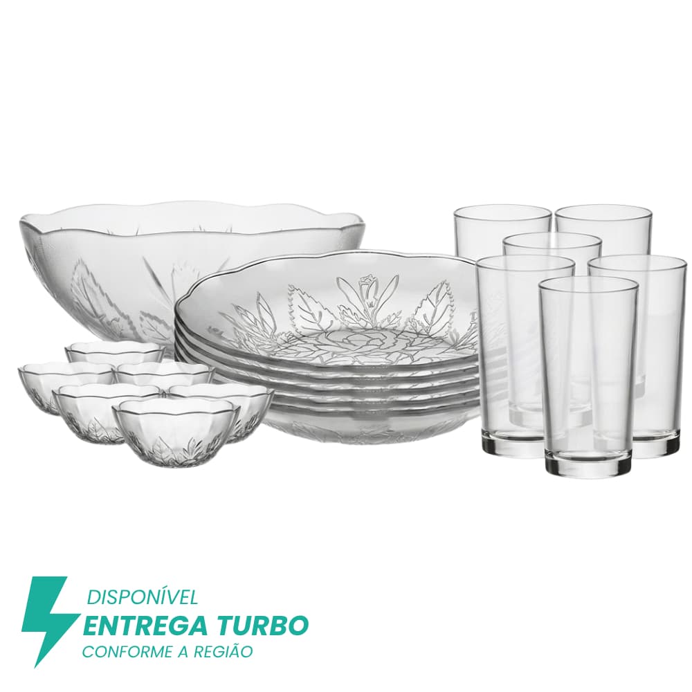 Aparelho de Jantar 19 Peças Vidro Transparente Floral Pratos Copos Tigelas Saladeira