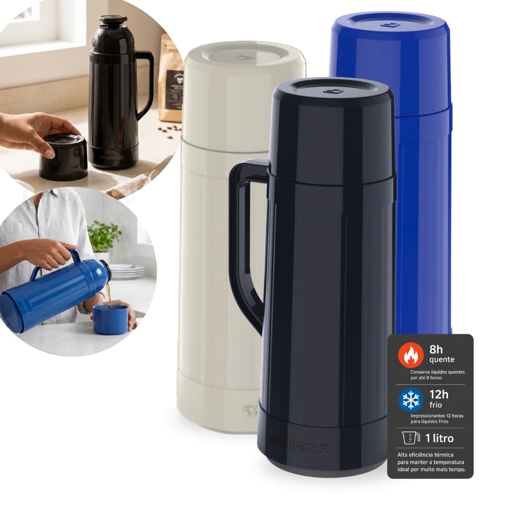 Garrafa Térmica 1 Litro para Café Chá Soprano Topázio Com Alça Preta Bege Azul Para Bebidas Quentes Até 8 Horas