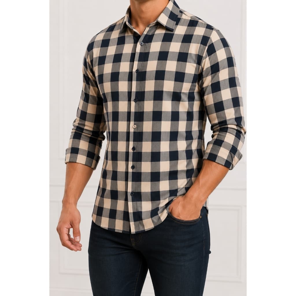 Camisa masculina casual xadrez de manga comprida