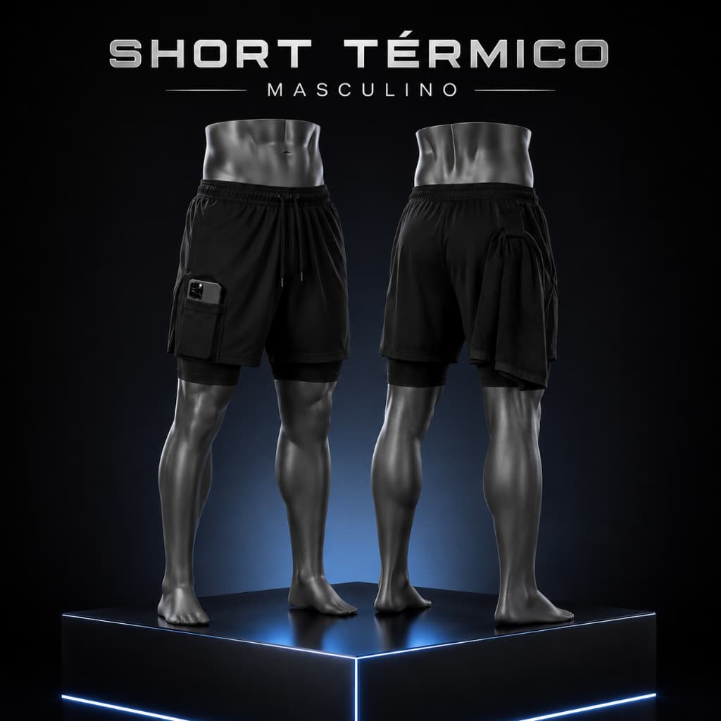 Short Térmico Masculino 2 em 1 Academia Corrida Treino Fitness Com Bolso para Celular Forro Interno