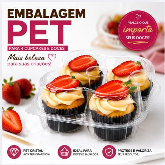 Embalagem Cupcake DA15 100 Unidades Tampa Articulada Transparente Para Doces (GA15)