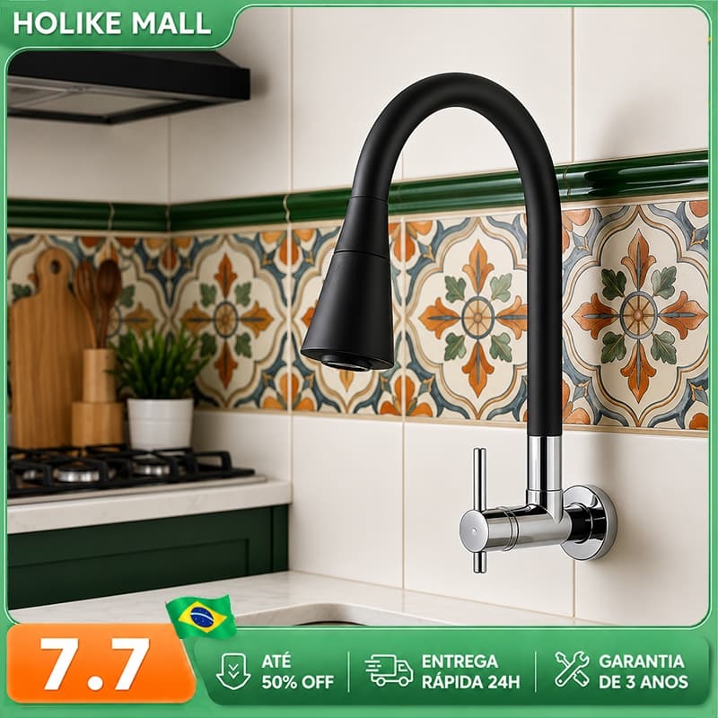 Torneira Cozinha Parede Gourmet Flexível 1/4 de Volta Para Mesa Pia Bancada e Mármore