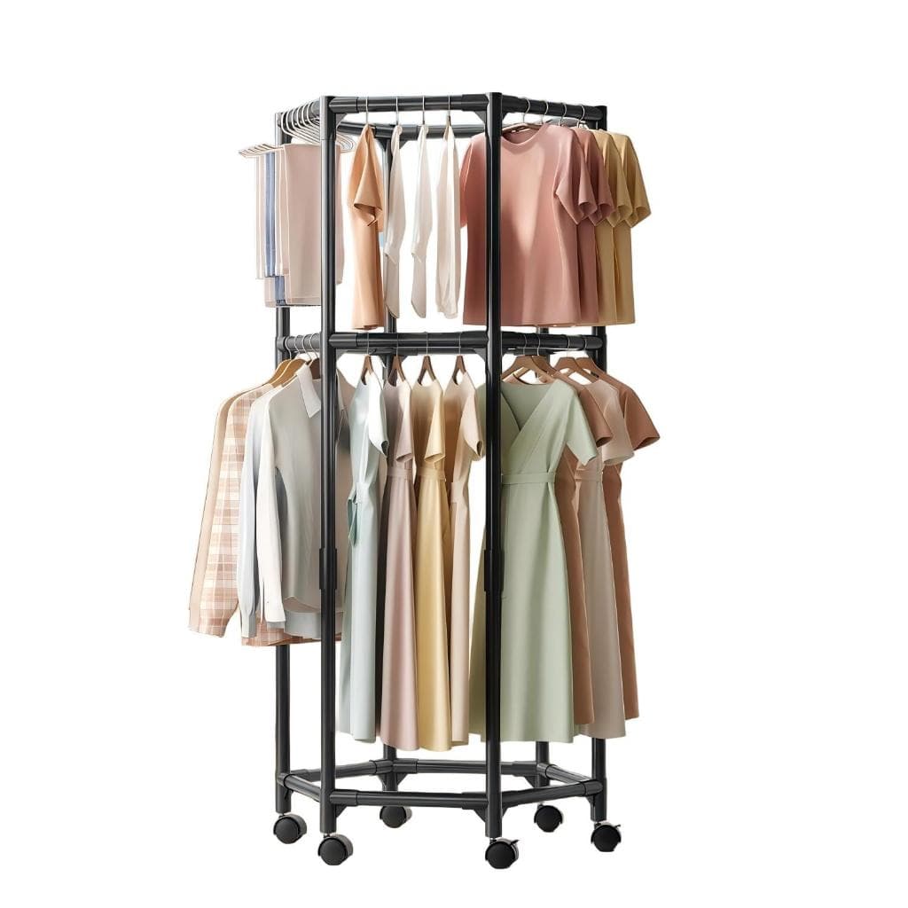 Porta Roupas Giro 360º Hexagonal Dupla Face com Rodízios | Carrinho de Secar Roupas Preto | 2 Andares Estendido