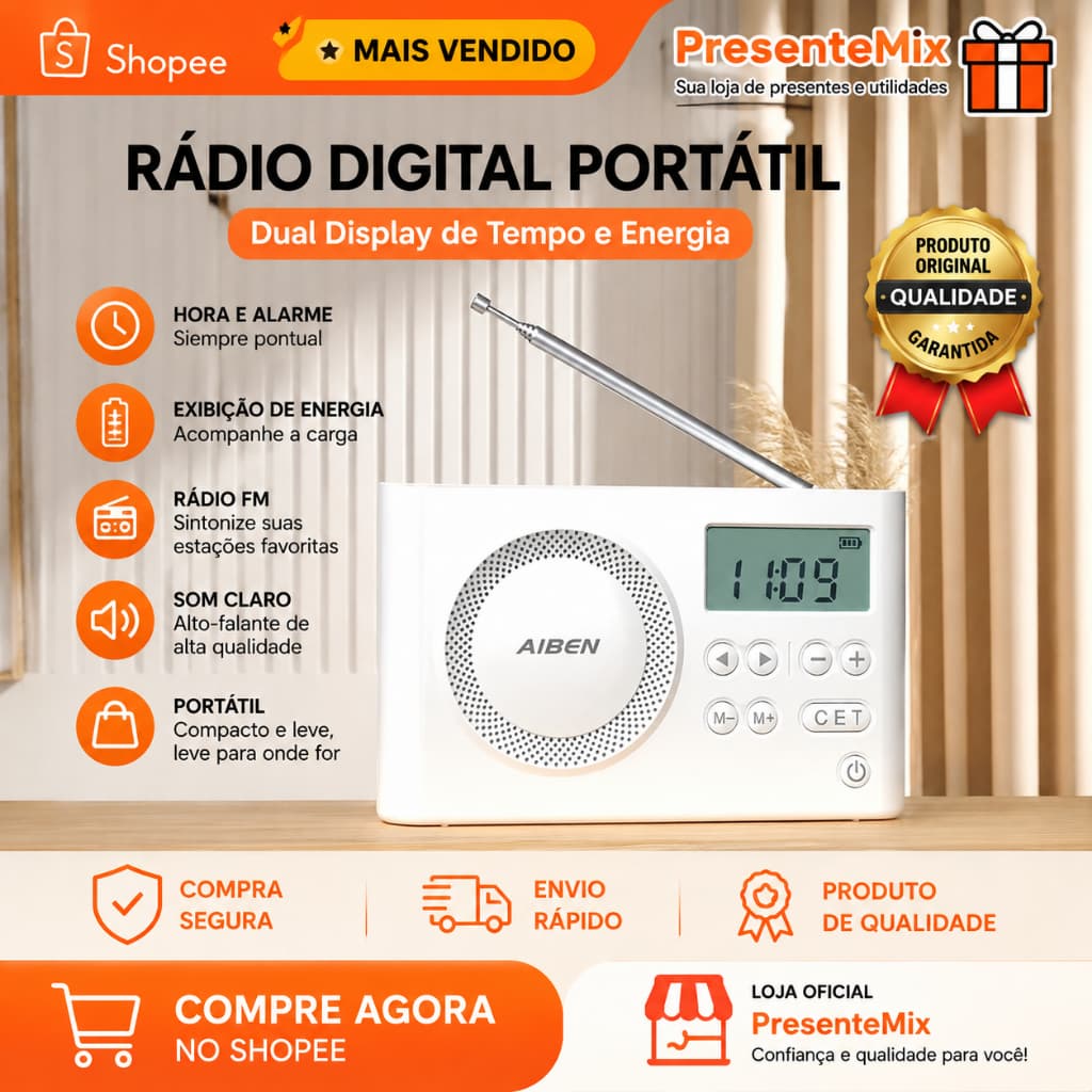 Mini rádio portátil recarregável digital FM