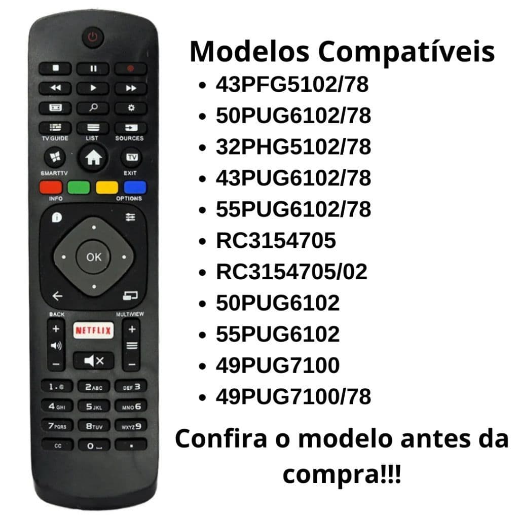 Controle Remoto para TV LED Philips Smart com Netflix - 8049 / 43PFG5102/78 / 50PUG6102/78 le-7276