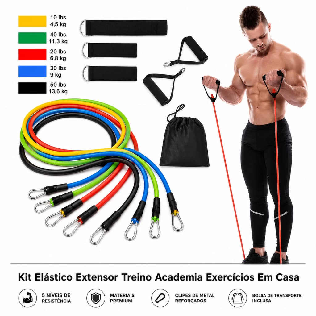 Kit 11 Elasticos Extensor com Puxadores Treino em Casa Fitness Funcional Academia Yoga Ginastica