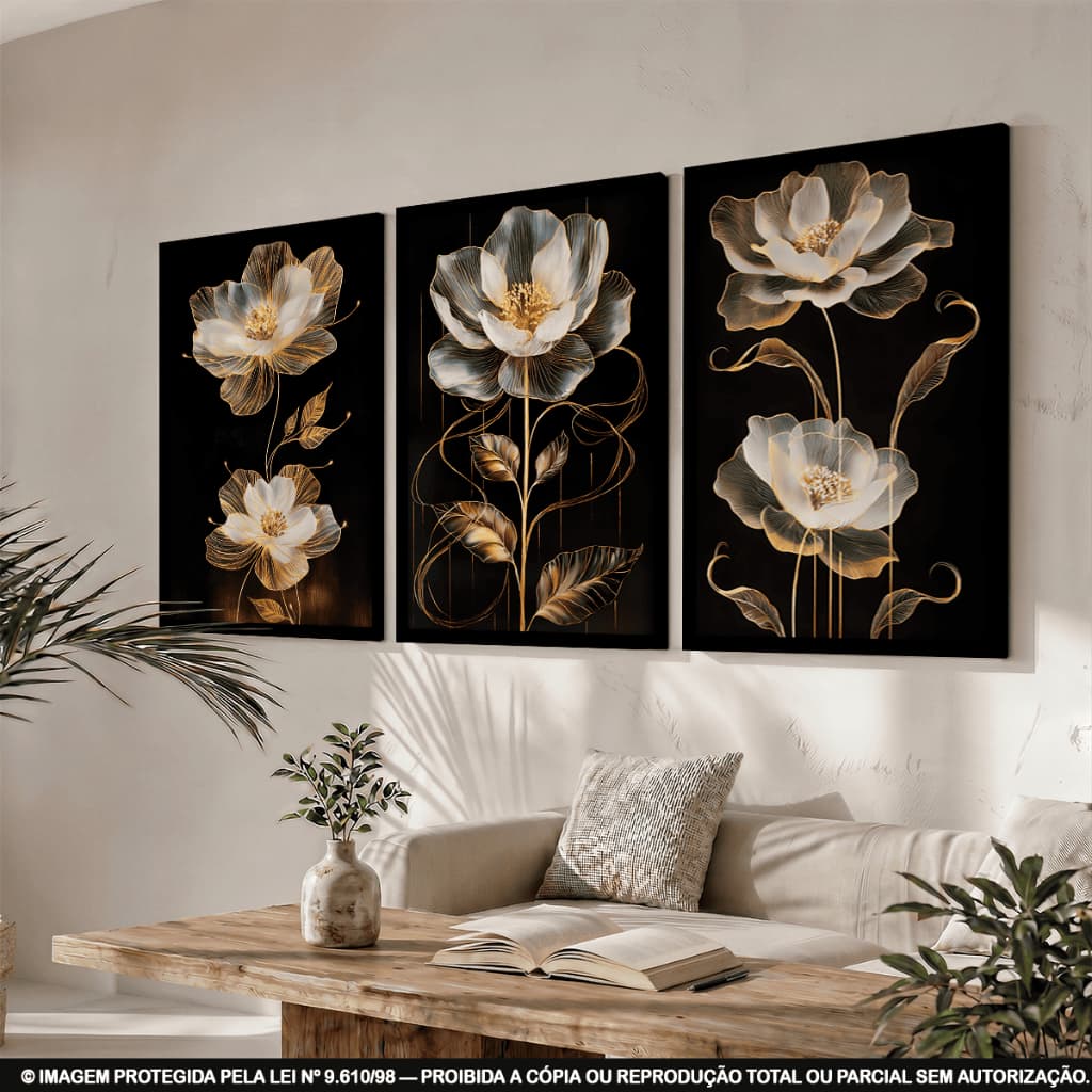 Quadros Decorativos Parede Arte Flores Preto e Douradas Luxo Para Quartos Sala Escritório