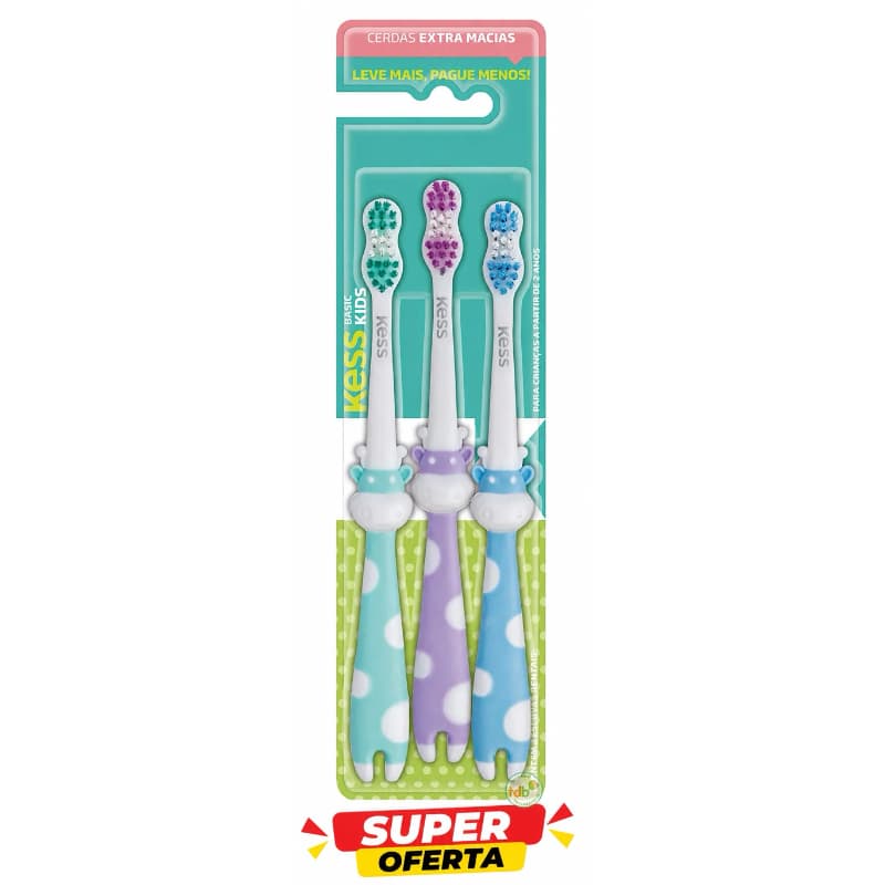 SUPER OFERTA! PACK COM 3 ESCOVAS INFANTIS KESS KIDS – CERDAS EXTRA MACIAS – +2 ANOS