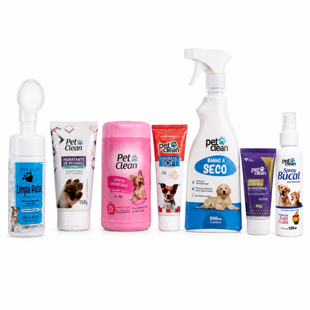 Kit Banho a Seco Pet Clean Cães e Gatos Protetor Solar Spray Bucal Patas Hidratante
