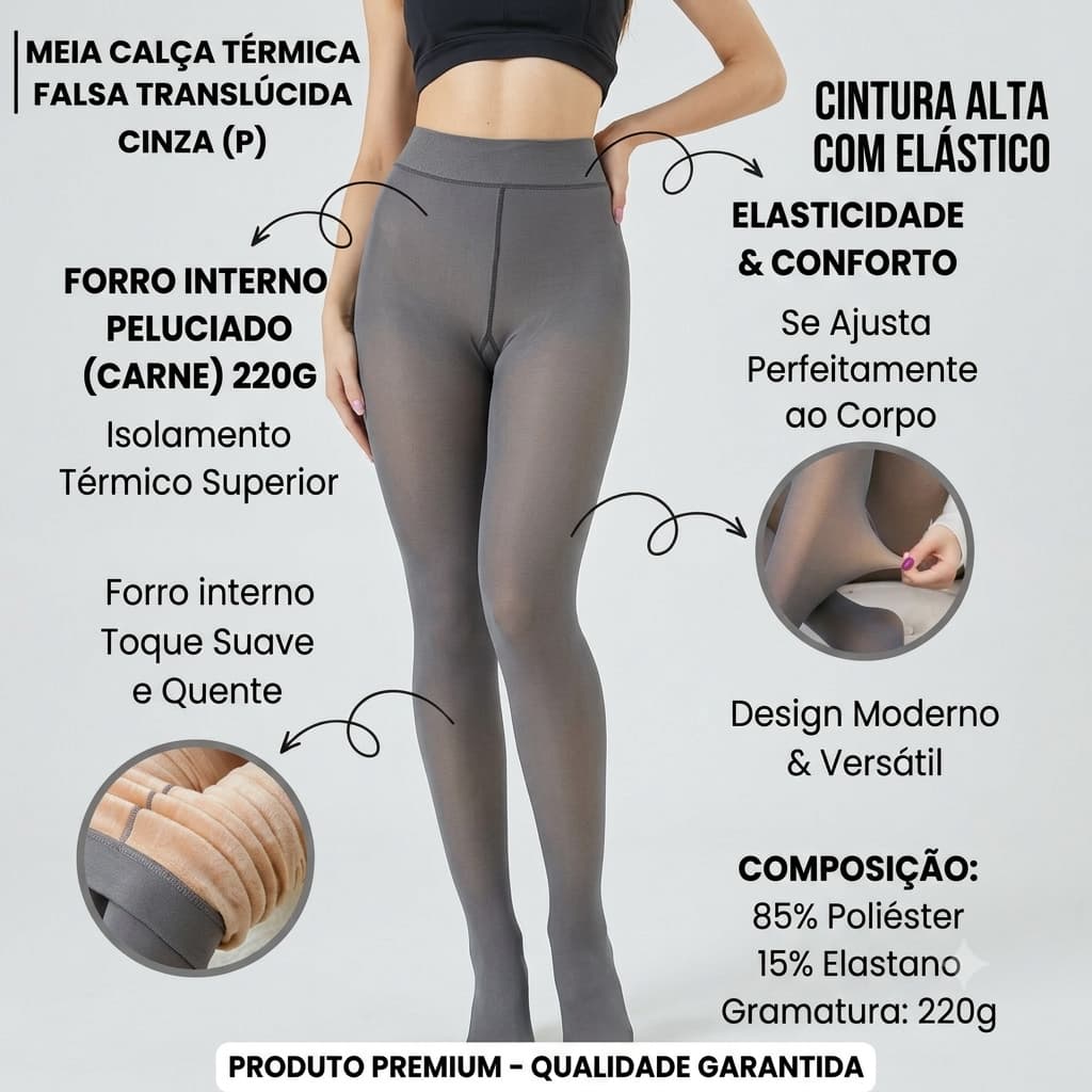 Cinza - (P) - Meia calça peluciada translucida 220g