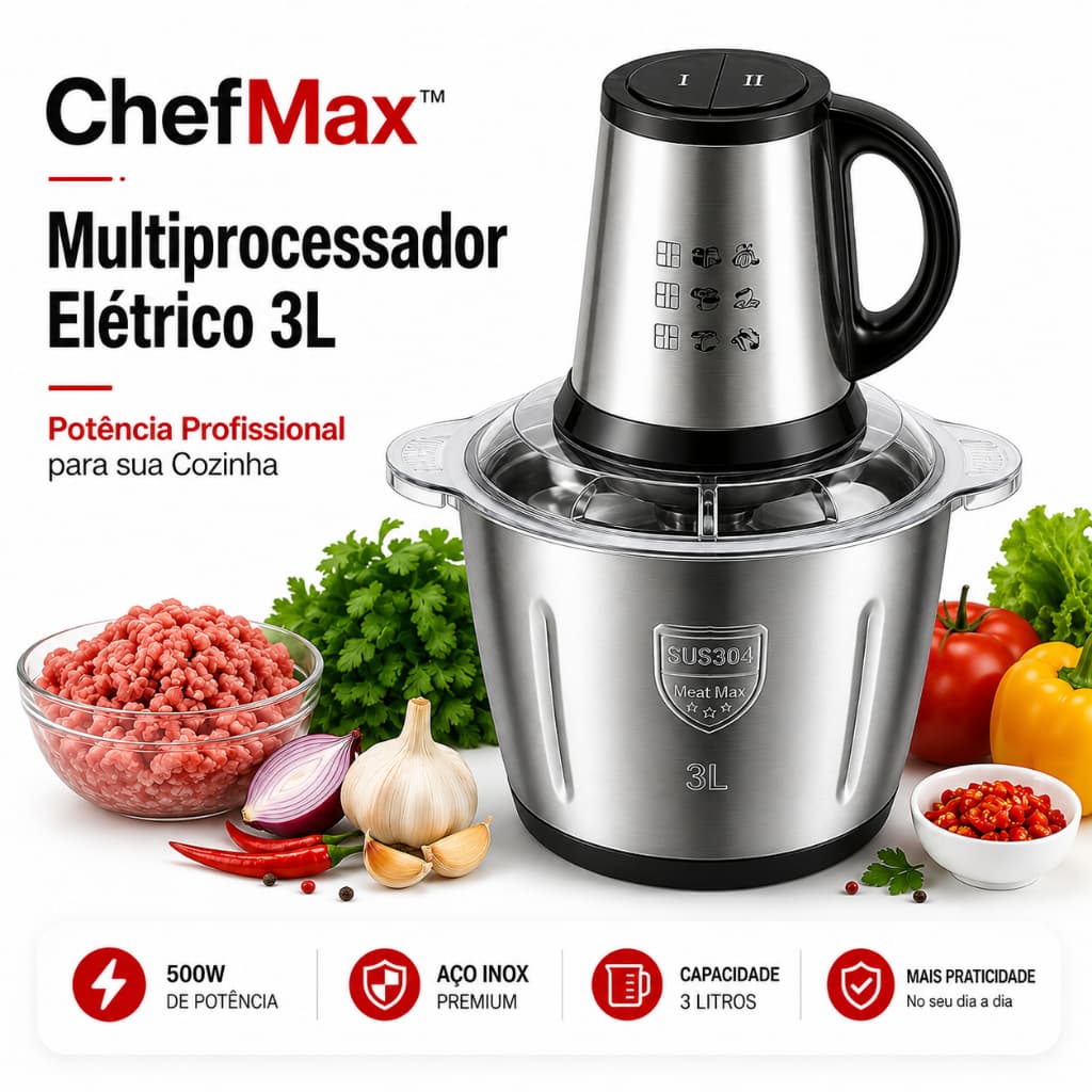 Multiprocessador Elétrico 3L Inox 500W  Triturador de Carnes Legumes Alho Cebola Processador de Alimentos