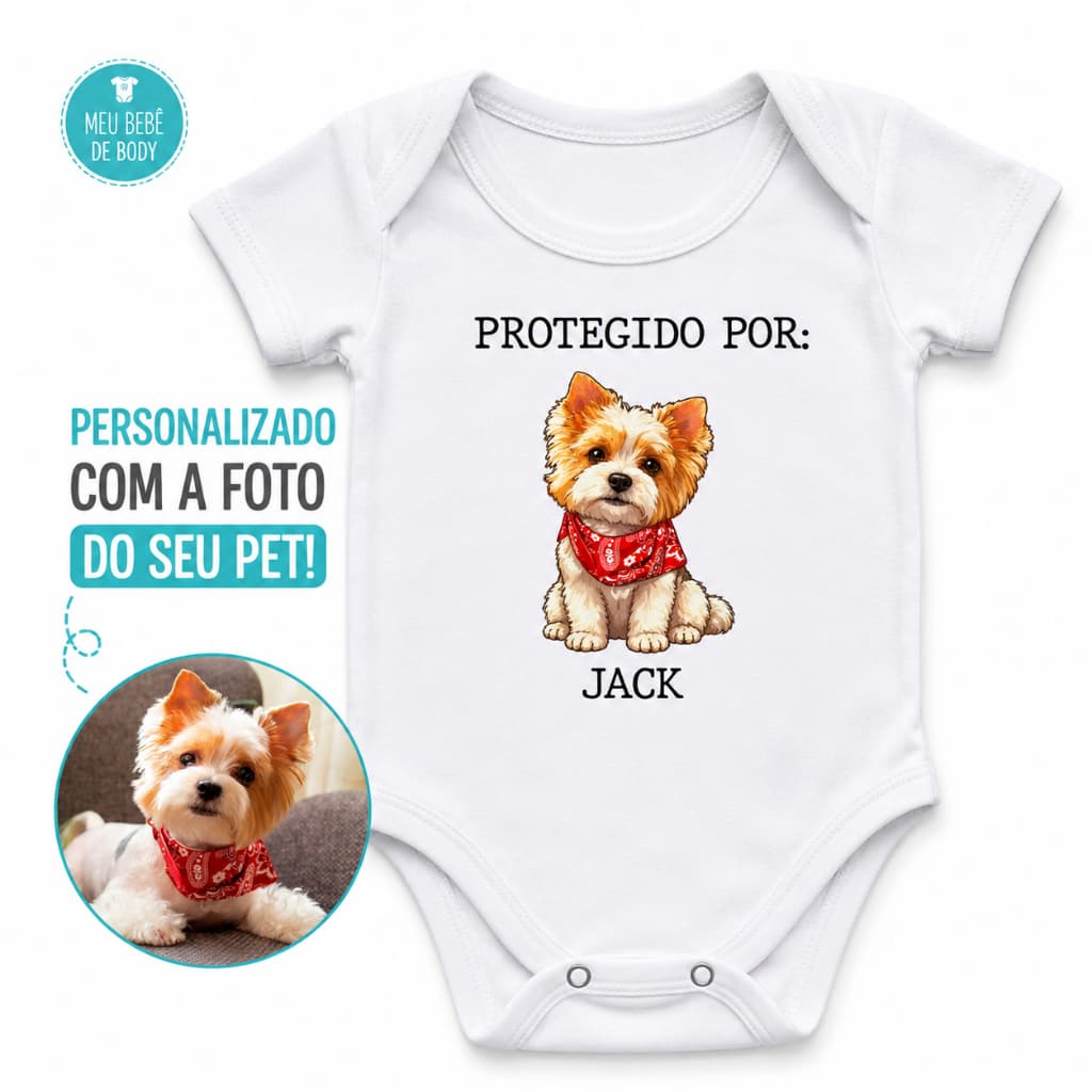 Body Bebê Personalizado Protegido por Nome e Foto do PET