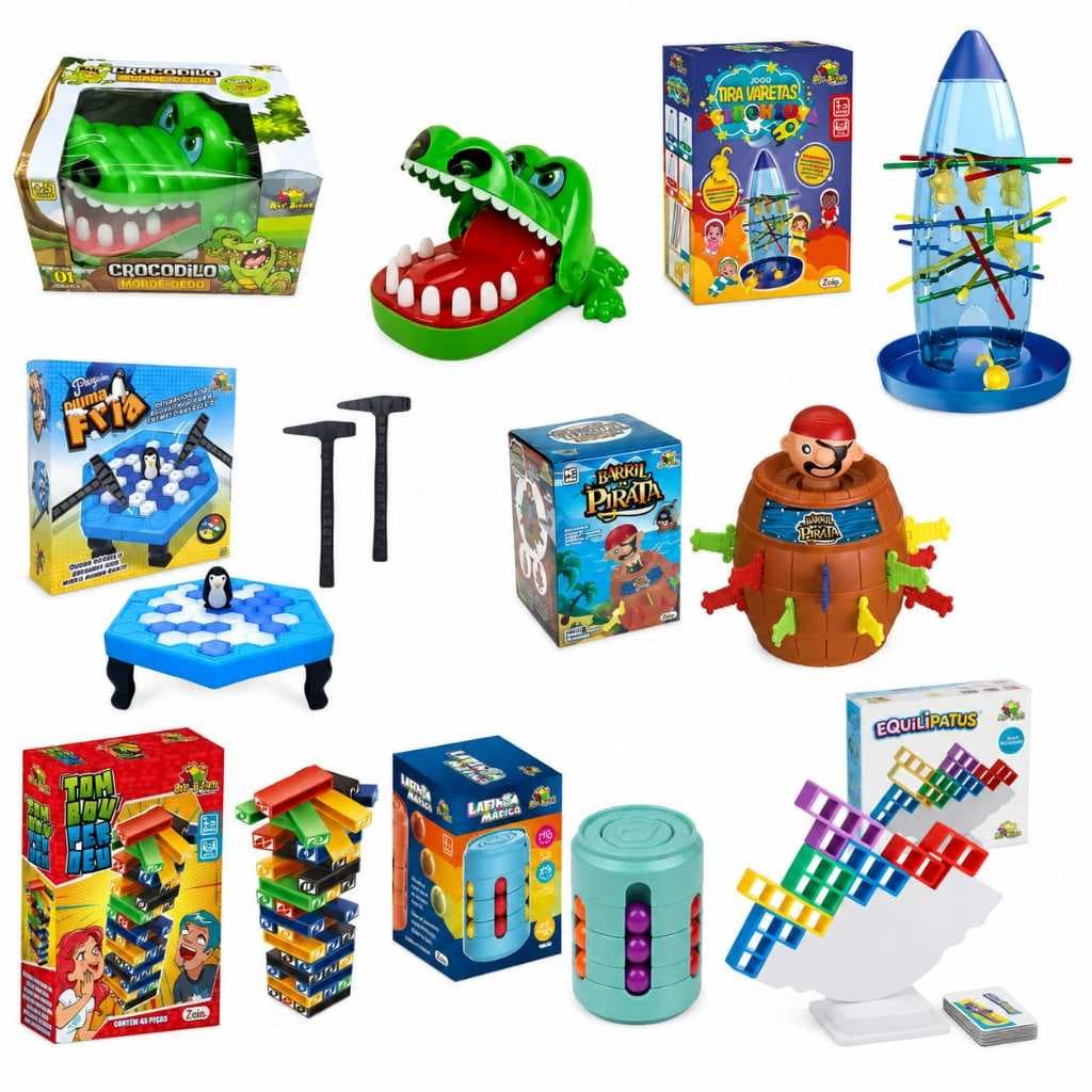 kit 7 Jogos Interativos(Tira Vareta+Tombou Perdeu+Lata Magica+Pinguim +Pirata+Jacare+Equilipatos)