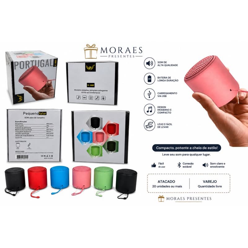 Mini caixa de som Bluetooth portátil com som potente, bateria recarregável e várias cores disponíveis.