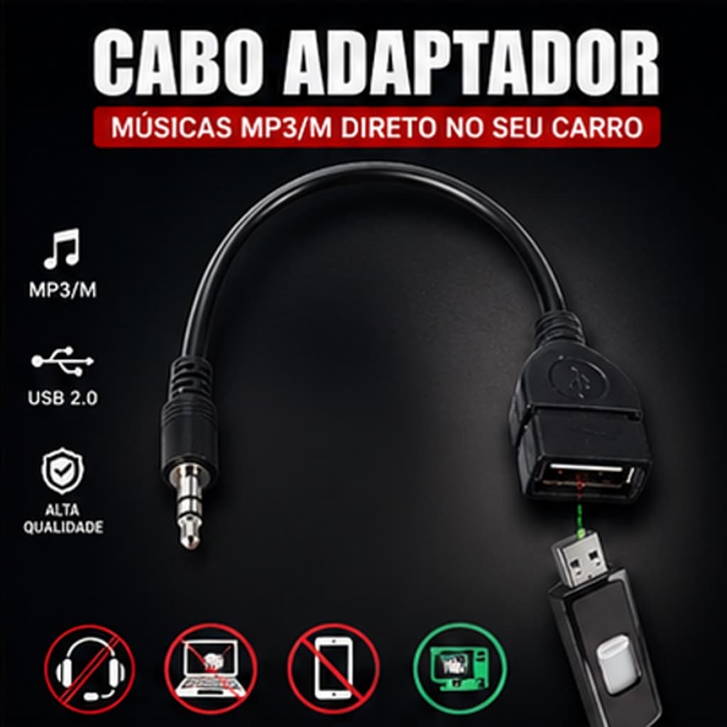 Cabo Adaptador P2 X Usb Femea Automotivo Mp3 Mp4 Auxiliar 15cm