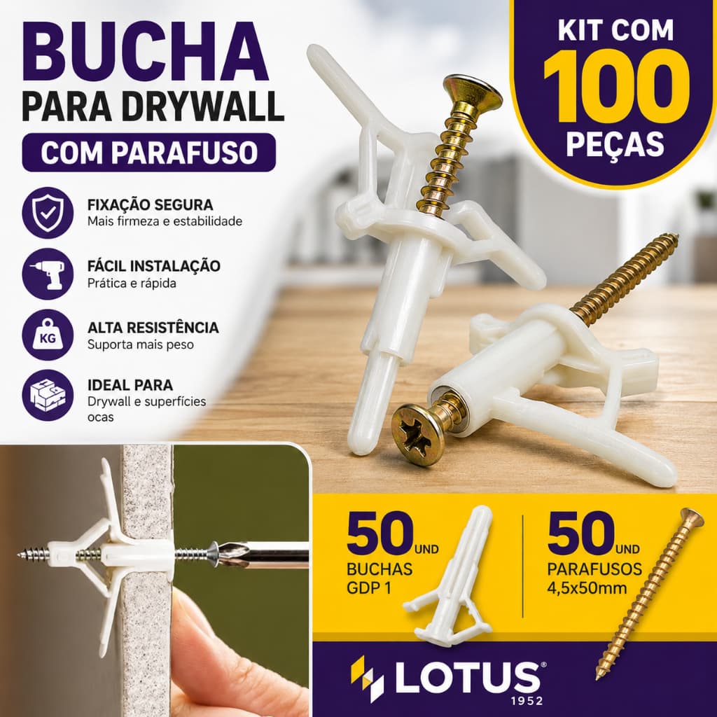 50 Peças De Bucha Para Gesso e Drywall C/ Parafuso 6mm (4-16MM) | 1952