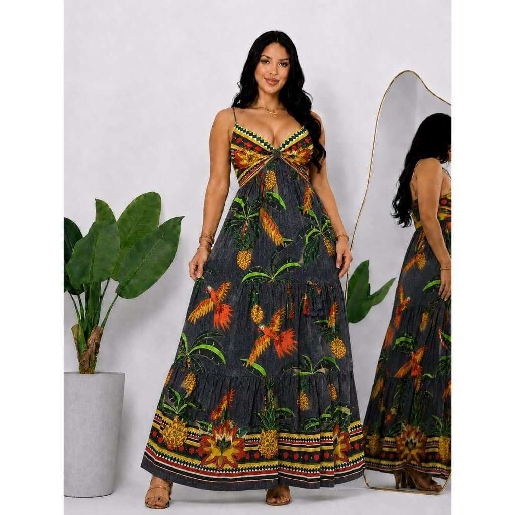 vestido Nó estampado feminino longo tres marias floral alcinha gola v amarração bojo festas casamento