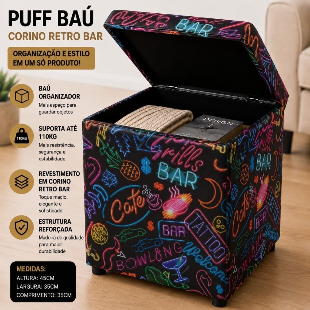 Puff Baú Decorativo RETRO BAR Organizador Reforçado Porta Objetos