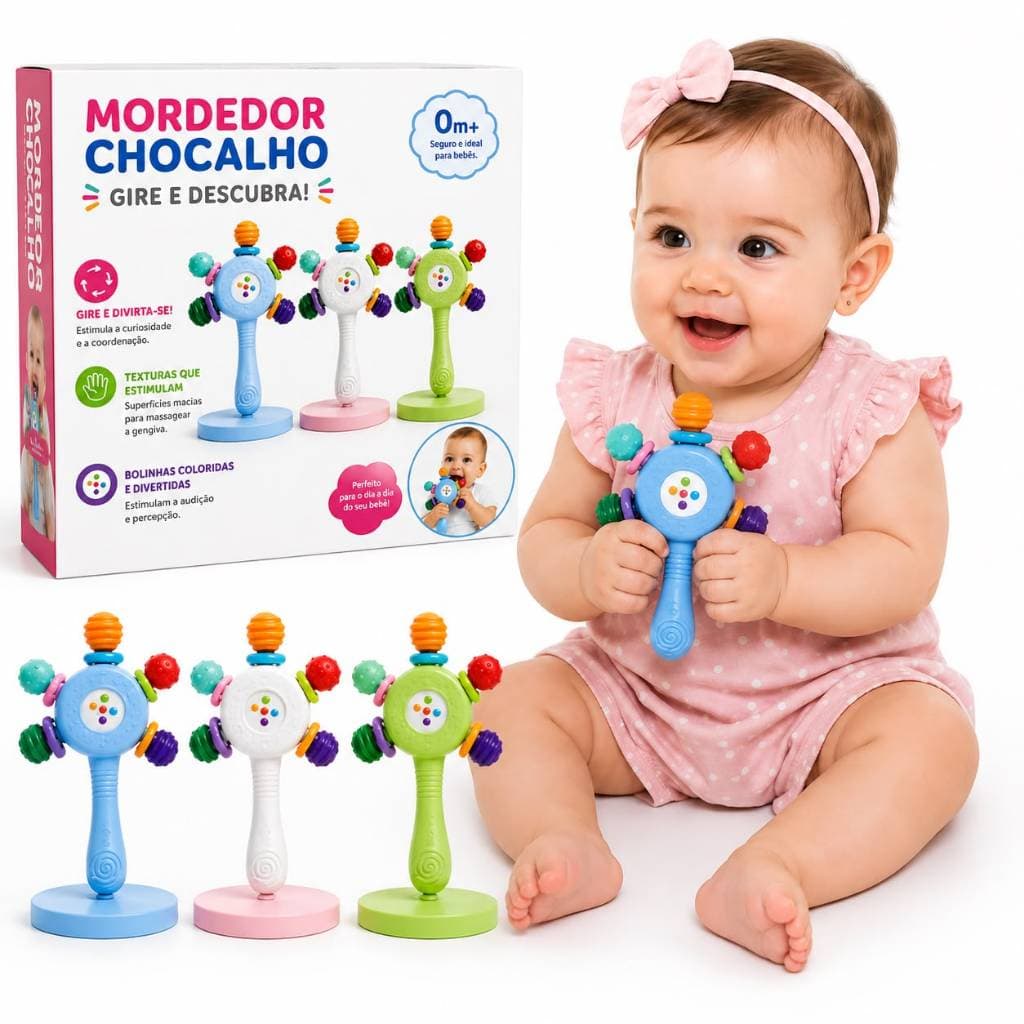 Kit Chocalho Mordedor para Bebês 2 em 1 Brinquedo Sensorial Infantil