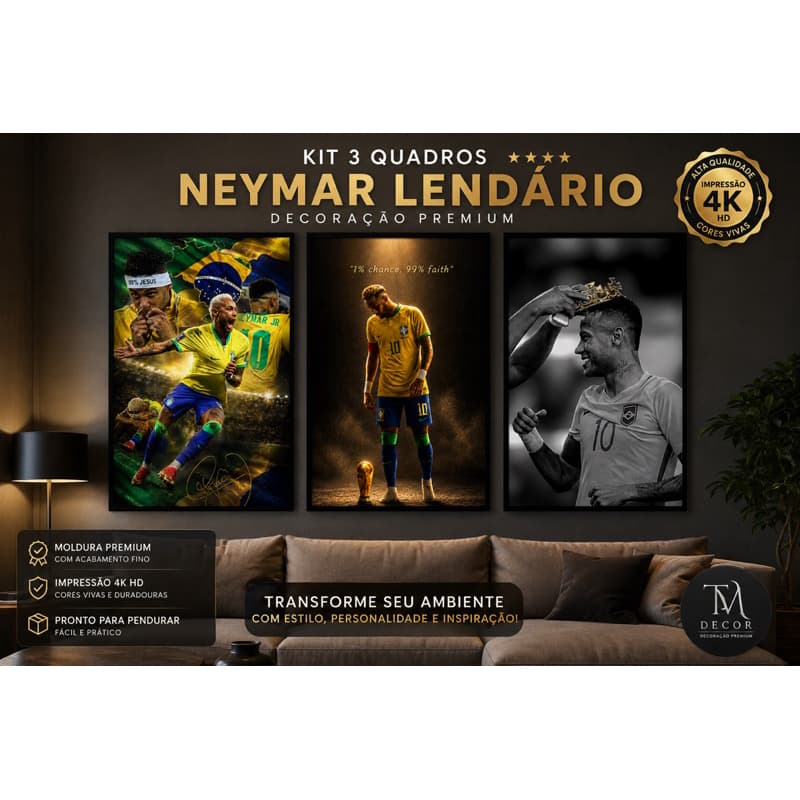 Kit 3 Quadros Decorativos Neymar Jr Brasil Futebol | Decoração Premium para Sala, Quarto e Escritório