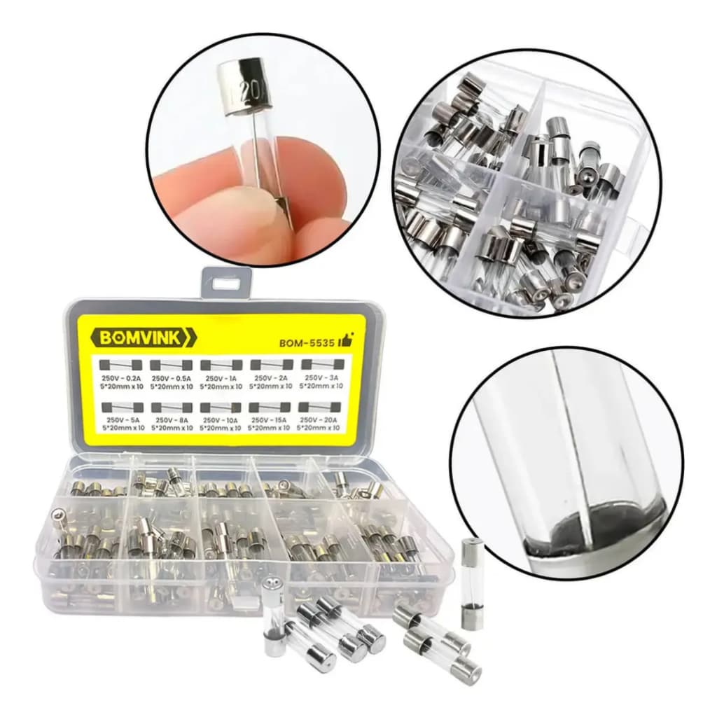 Kit 100 Fusíveis de Vidro 5x20mm 250V 0,2A a 20A Bomvink