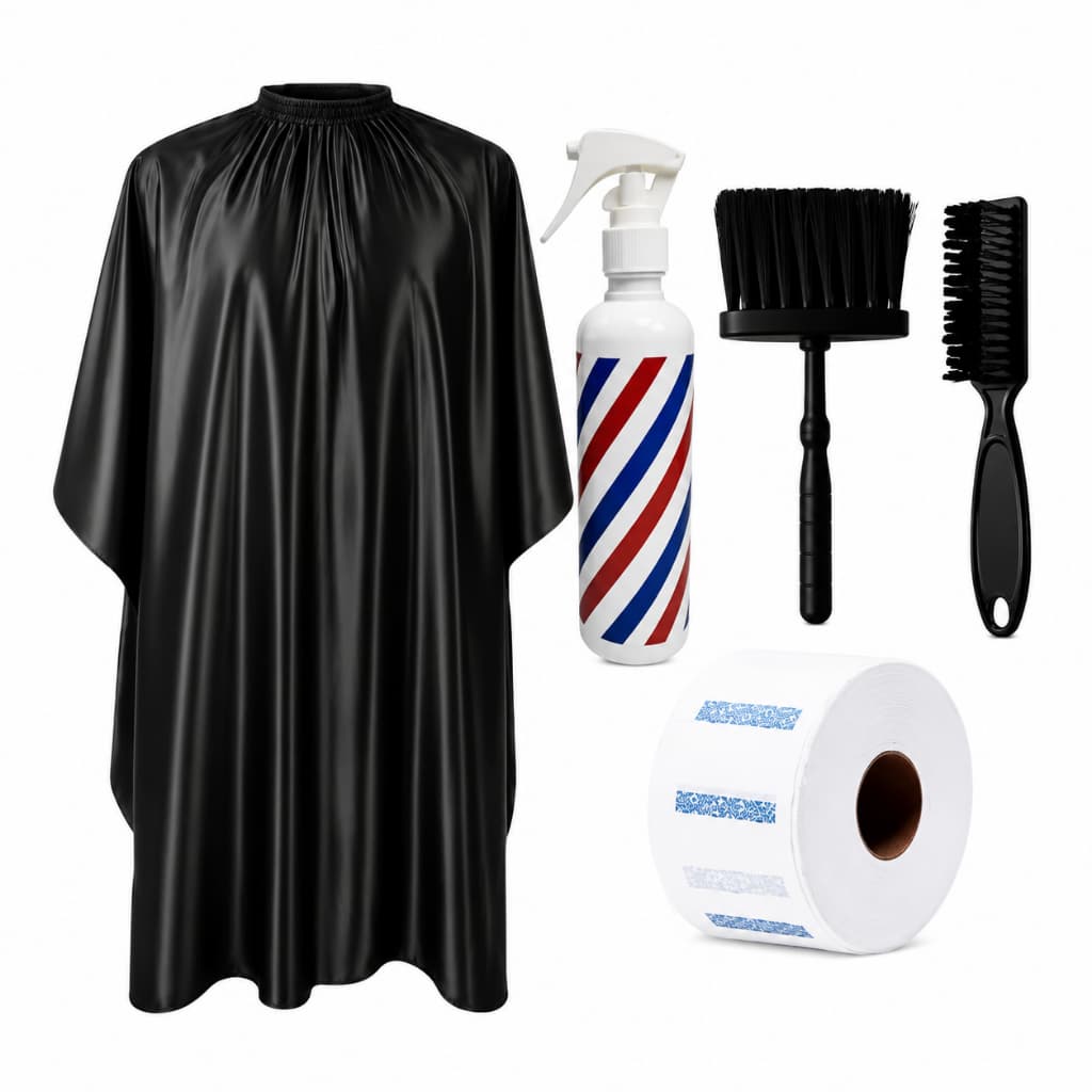 Kit Profissional para Barbeiro – Capa em Cetim, Borrifador, Espanador e Escova gola Barbeiro Profissional Capa Cetim
