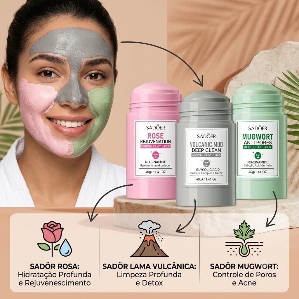 Kit 3 Máscaras em Bastão de Argila Rosa Vulcânica e Mugwort Clareador de Manchas Facial Limpeza Profunda