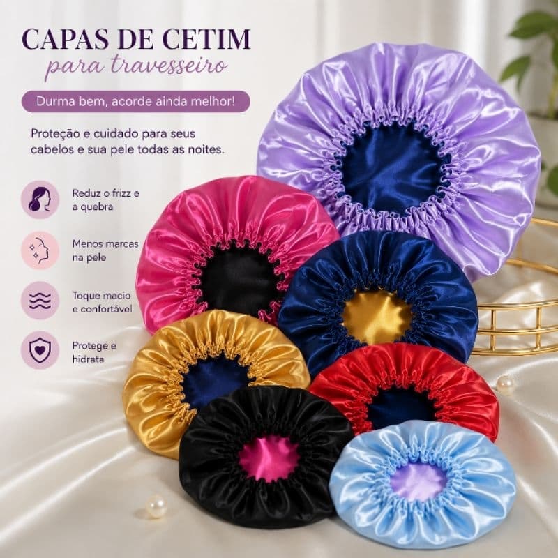 Touca de cetim dupla face grande para cabelos cacheados e volumosos