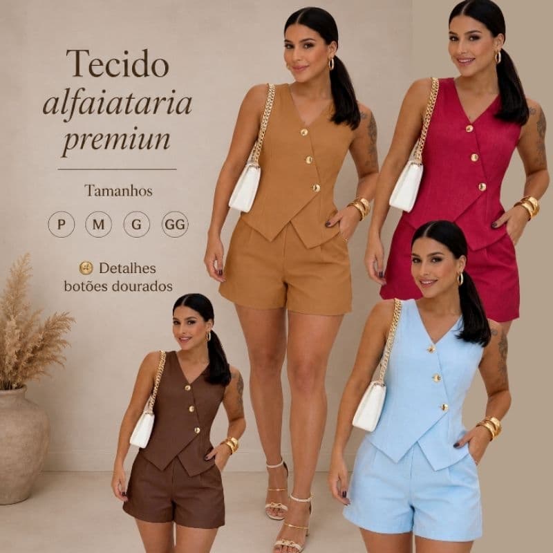 Conjunto Alfaiataria premiun Colete e short elegante  com BOTÕES DOURADO