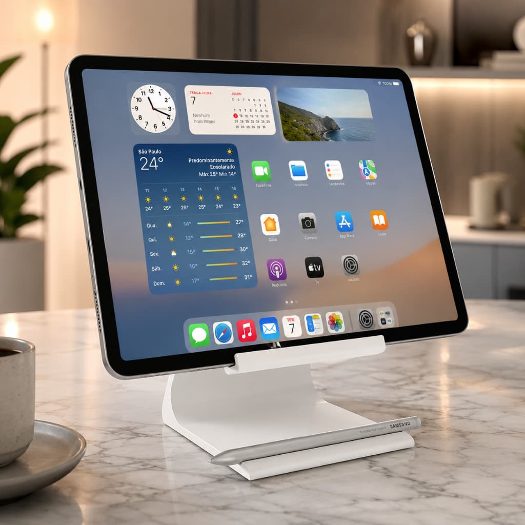 Suporte de Tablet e iPad para Mesa  Espaço para Caneta  Passagem de Cabo