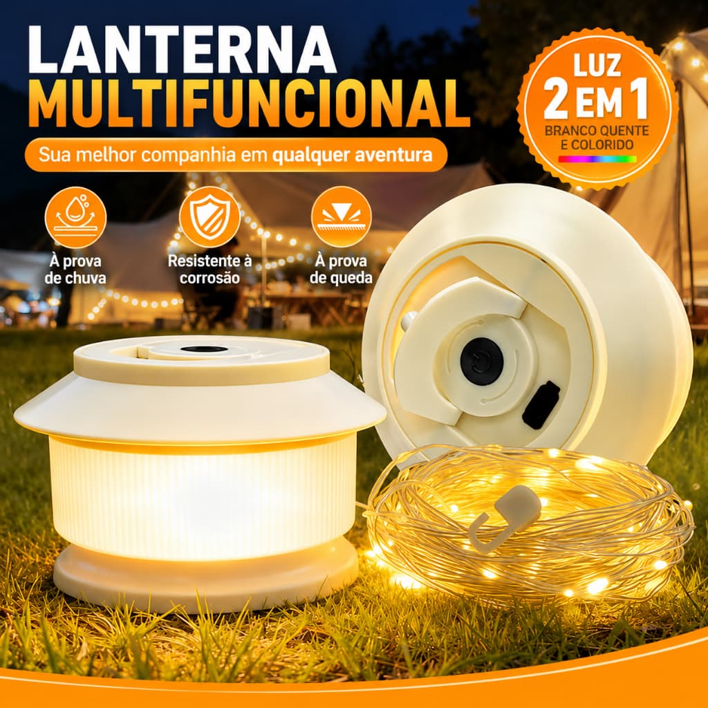 Lanterna Camping LED 2 em 1 Retrátil com Fio de Luz 10M RGB/Branco Quente Recarregável USB-C IPX4