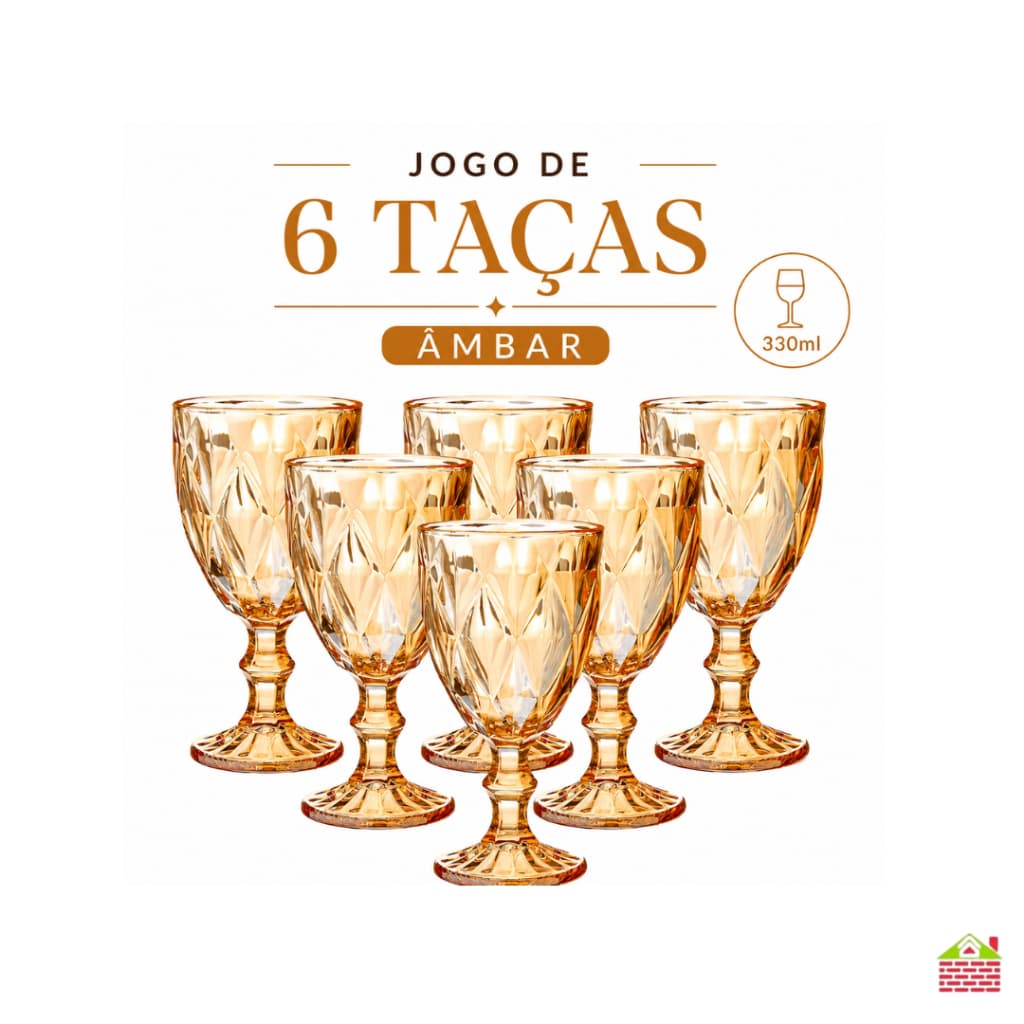 Jogo 6 Taças Vidro Diamond  Bico de Jaca 330ml Ouro Ambar Agua, Drink