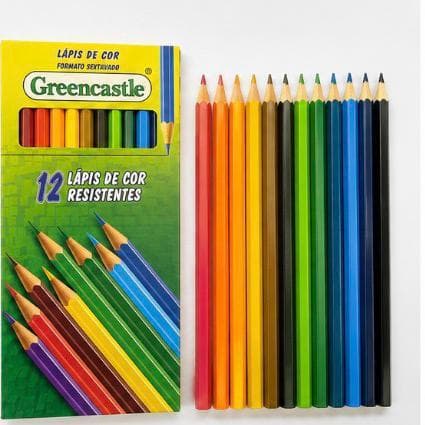 Lápis de Cor 12 Cores Greencastle Escolar Resistente Sextavado Original Kit 1 e 3 Unidades