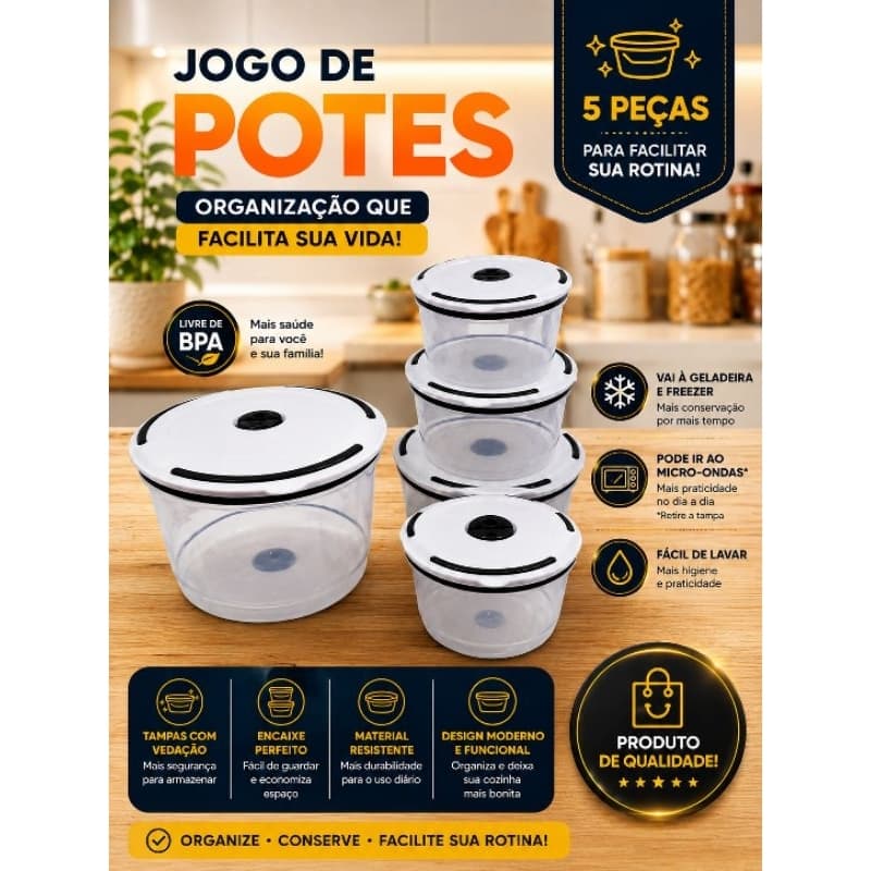 Conjunto Hermetico Potes Plastico Organizador Reutilizavel Fechamento Seguro