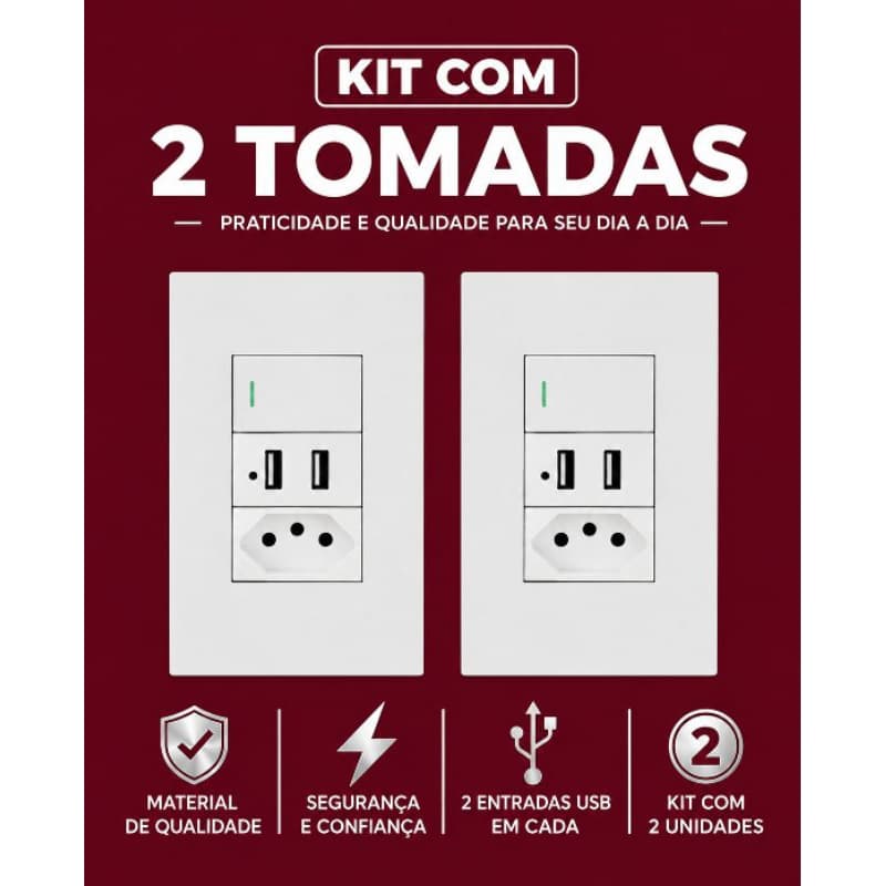 kit Tomadas 10A USB Tipo C Interruptor Simples 1 Tecla Carregador Universal Tomada Parede Luxo 4X2 com 1, 2 ou 3