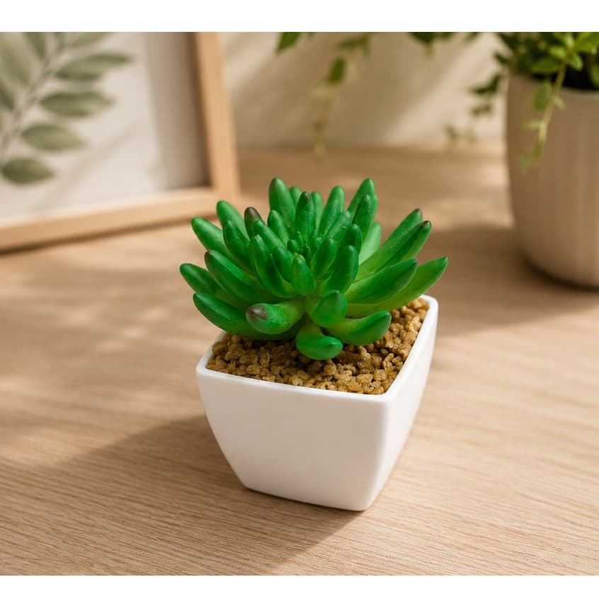 Suculenta Artificial Mini com Vaso Branco Planta Decorativa Realista Casa Escritório