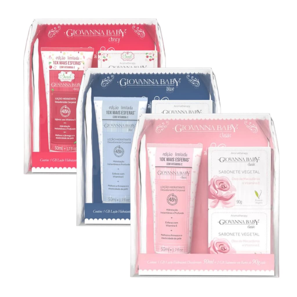 Kit Giovanna Baby Mini Loção Hidratante 50ml + 2 Sabonetes Vegetais 90g Classic Cherry  ou Blue
