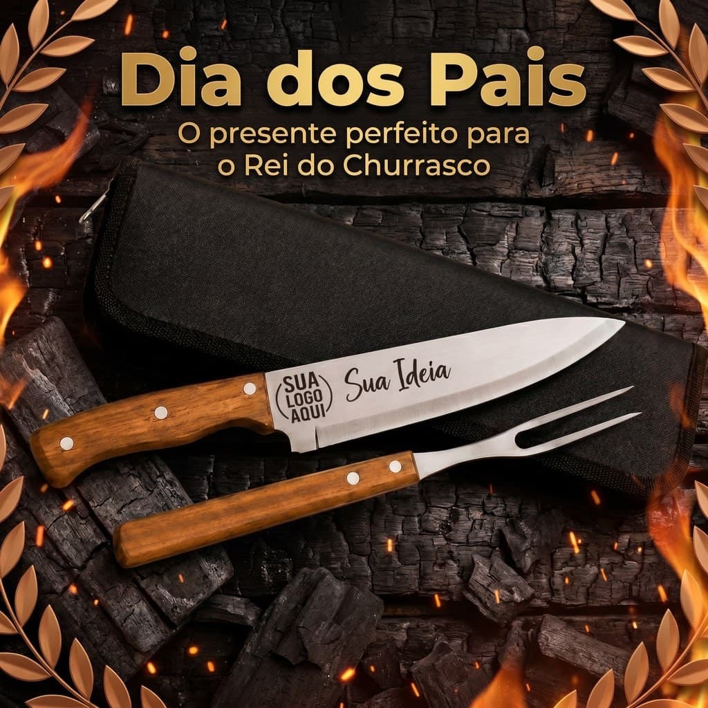 Kit Churrasco Personalizado Presente Dia Dos Pais Faca Garfo Bolsa