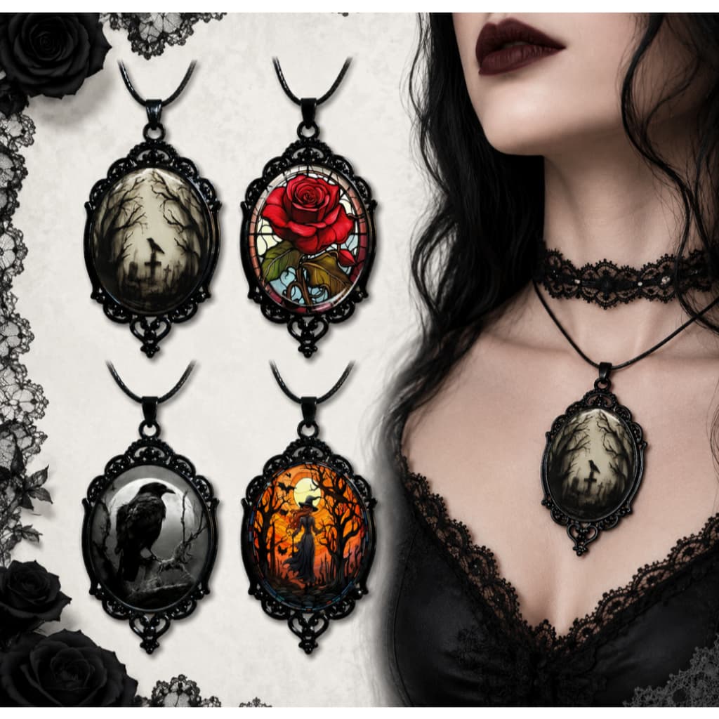 Colar Gótico Vintage Pingente de Vidro Dark bruxa Witchcore Haloween Feminino 4 Modelos