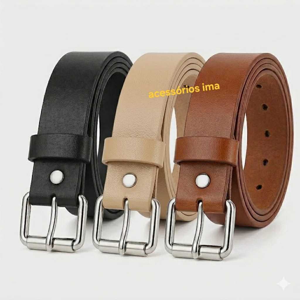 Kit 3 Cintos Feminino Fivela Prata da Moda 2,5 cm Largura Casual Couro PU