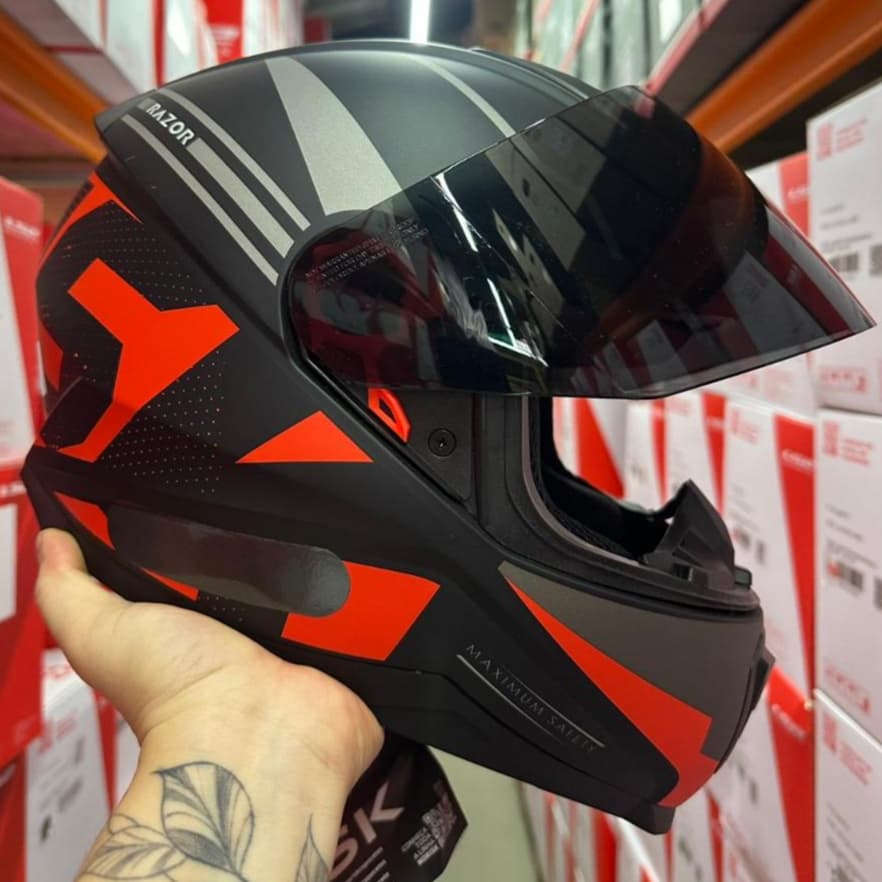 CAPACETE MOTO NORISK RAZOR FULL NOVO PRETO FOSCO VERMELHO ORIGINAL + VISEIRA FUMÊ E CRISTAL OFERTA