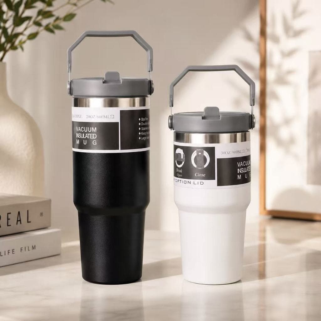Copo Térmico Inox 600ml/900ml Com Tampa e Alça Garrafa Térmica Parede Dupla Para Água Café Bebidas Quentes e Frias