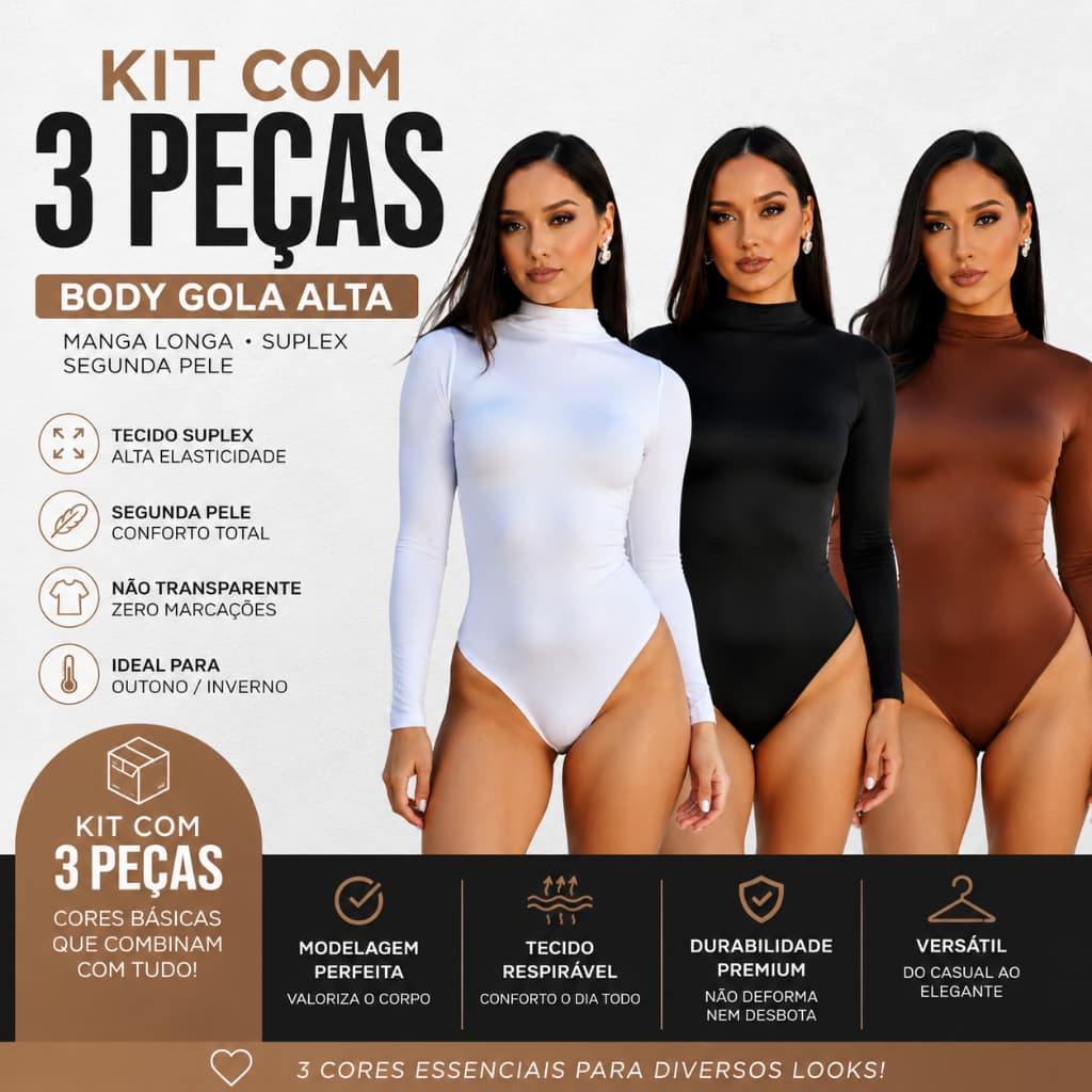 Kit Body Feminino Gola Alta Manga Longa Suplex Premium 1 2 e 3 Peças